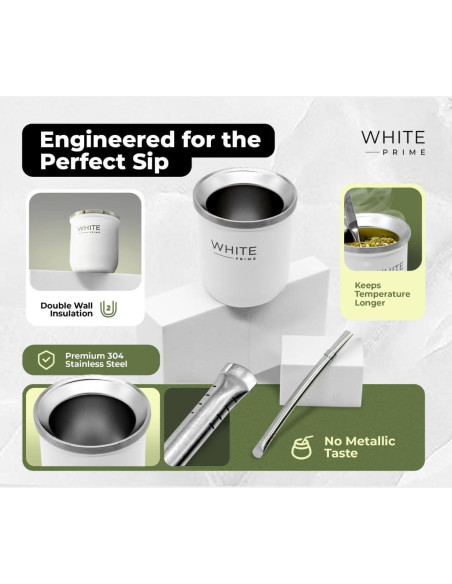 Taza de Mate 6 oz WHITE Prime con Bombilla de Acero Inoxidable