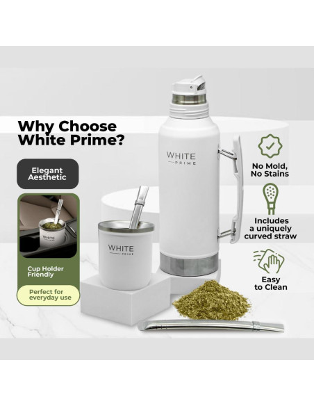 Taza de Mate 6 oz WHITE Prime con Bombilla de Acero Inoxidable