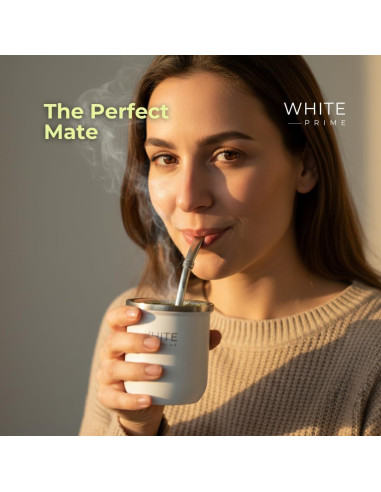 Taza de Mate 6 oz WHITE Prime con Bombilla de Acero Inoxidable