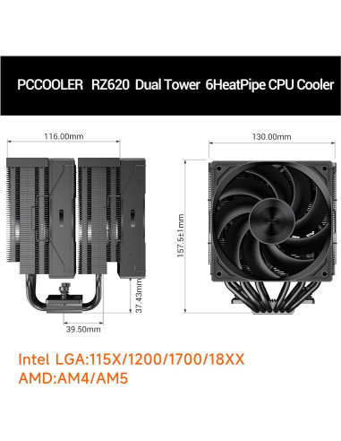 Enfriador de CPU PCCOOLER RZ620 Doble Torre 157.5mm