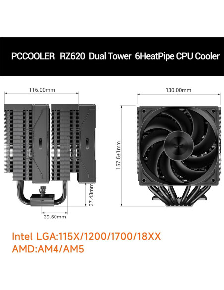 Enfriador de CPU PCCOOLER RZ620 Doble Torre 157.5mm