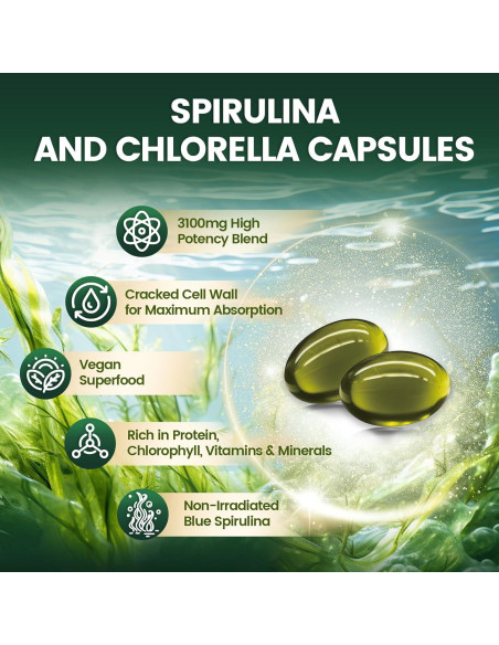 Cápsulas de Spirulina y Clorella VivoNu 3100mg - 300 Unidades