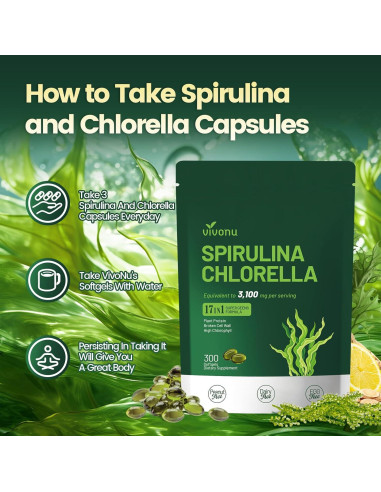 Cápsulas de Spirulina y Clorella VivoNu 3100mg - 300 Unidades