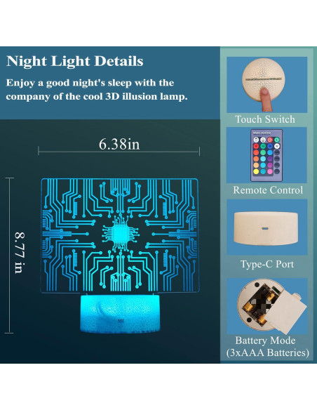 Luz Nocturna 3D Geek Zhongshan MY-3D, 16 Colores, Control Remoto