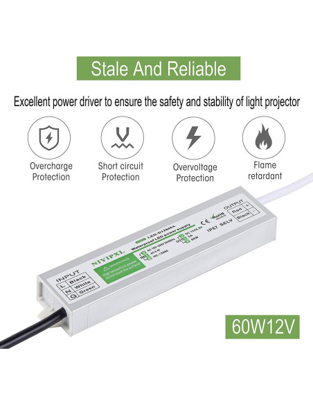 Transformador LED 60W NIYIPXL IP67 12V CC a prueba de agua