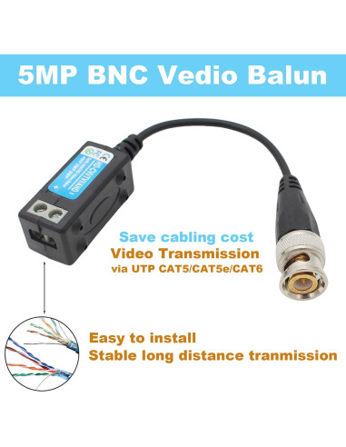Conector Balun BNC Pasivo Exgoofit para CCTV 720P a 5MP - 2 Pares