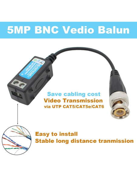Conector Balun BNC Pasivo Exgoofit para CCTV 720P a 5MP - 2 Pares