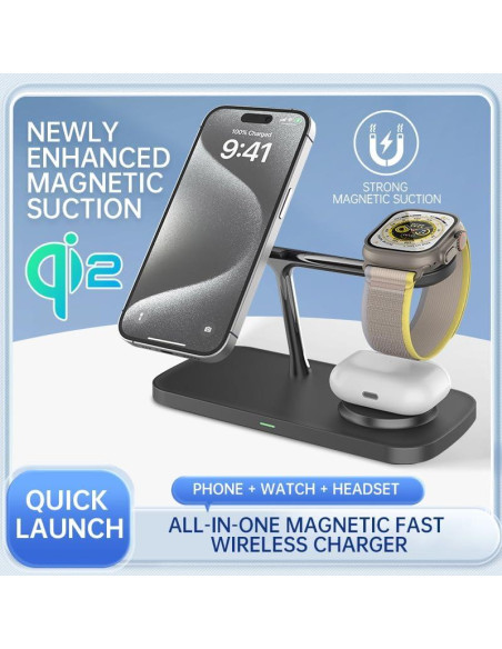 Estación de Carga Inalámbrica Magnética TIMESS 15W 3-en-1