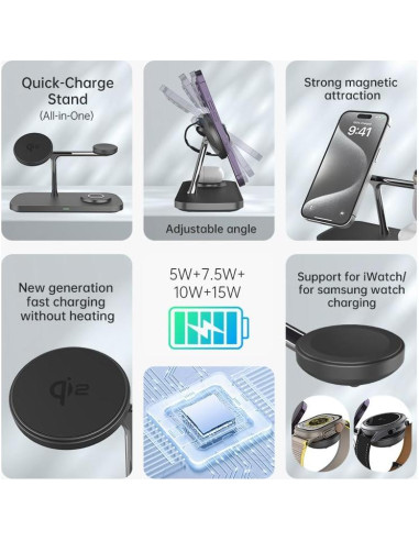 Estación de Carga Inalámbrica Magnética TIMESS 15W 3-en-1