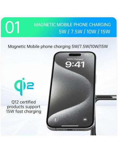 Estación de Carga Inalámbrica Magnética TIMESS 15W 3-en-1