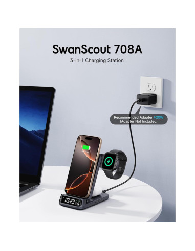 Cargador Inalámbrico 3 en 1 SwanScout para iPhone y Apple Watch