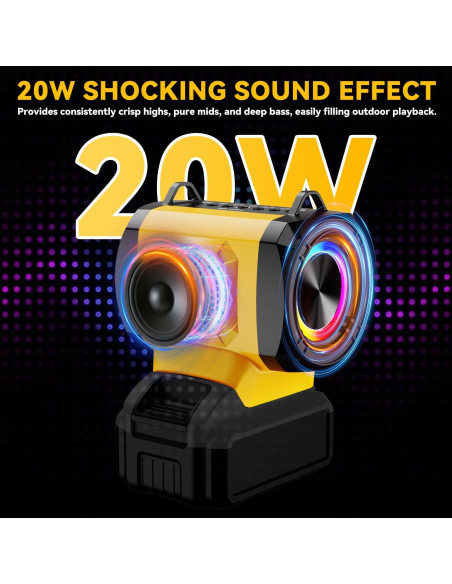 Altavoz Bluetooth Dewalt 20W con USB-C y luces LED