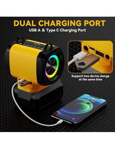 Altavoz Bluetooth Dewalt 20W con USB-C y luces LED