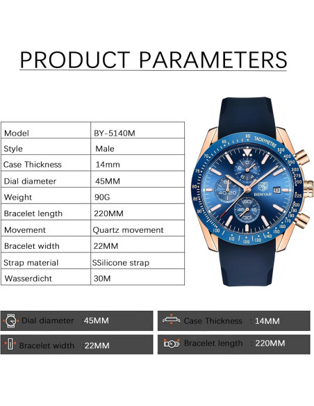 Reloj Cronógrafo de Cuarzo BENYAR BY-5140 Hombre 30M Impermeable