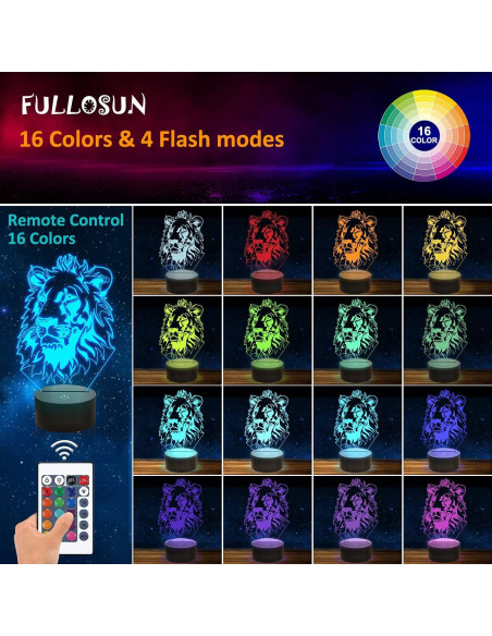 Luz Nocturna 3D FULLOSUN León con Control Remoto 16 Colores