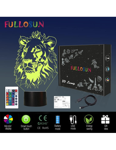 Luz Nocturna 3D FULLOSUN León con Control Remoto 16 Colores