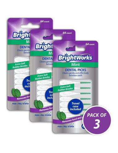 Picks Dentales BrightWorks de Menta, 192 Unidades, Cerdas Suaves