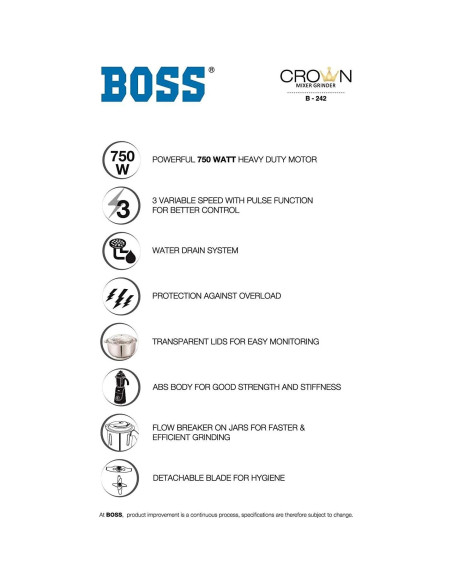 Mezclador y Molinillo Húmedo y Seco BOSS Crown 750W 2.95L