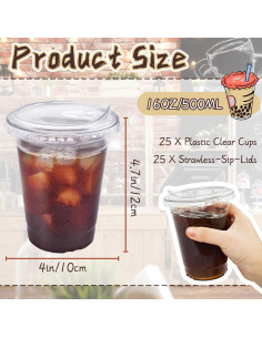 Vasos de Plástico Transparentes Qinsihwn 16 oz con Tapas - 25 Pcs 2