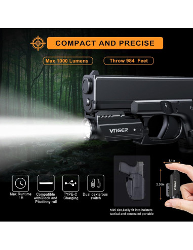 Linterna Táctica VTIGER PL1 1000 Lúmenes Recargable IPX6