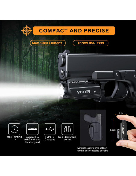 Linterna Táctica VTIGER PL1 1000 Lúmenes Recargable IPX6