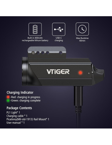Linterna Táctica VTIGER PL1 1000 Lúmenes Recargable IPX6