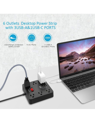 Regleta de Enchufes AHRISE 6 Salidas AC y 4 USB Carga Rápida