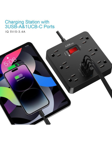 Regleta de Enchufes AHRISE 6 Salidas AC y 4 USB Carga Rápida