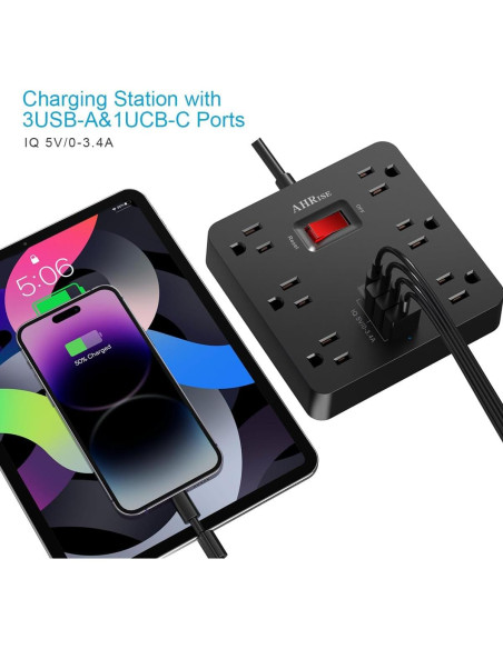 Regleta de Enchufes AHRISE 6 Salidas AC y 4 USB Carga Rápida