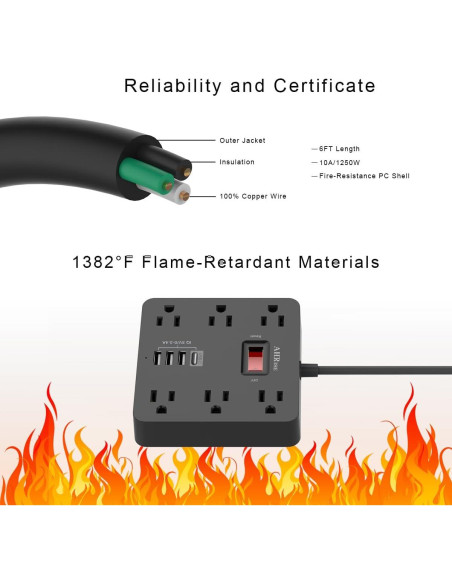 Regleta de Enchufes AHRISE 6 Salidas AC y 4 USB Carga Rápida