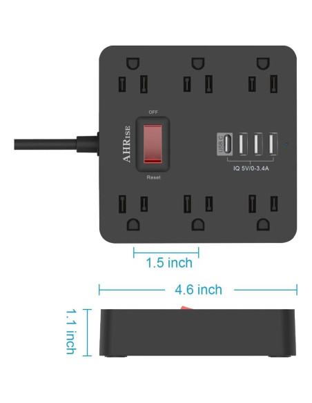 Regleta de Enchufes AHRISE 6 Salidas AC y 4 USB Carga Rápida