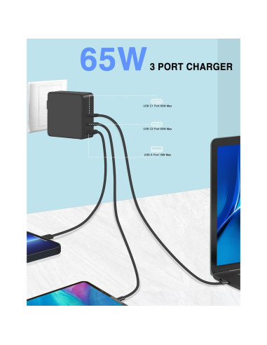 Cargador DTK USB C 65W 4 Puertos PD y QC3.0 - Adaptador Portátil