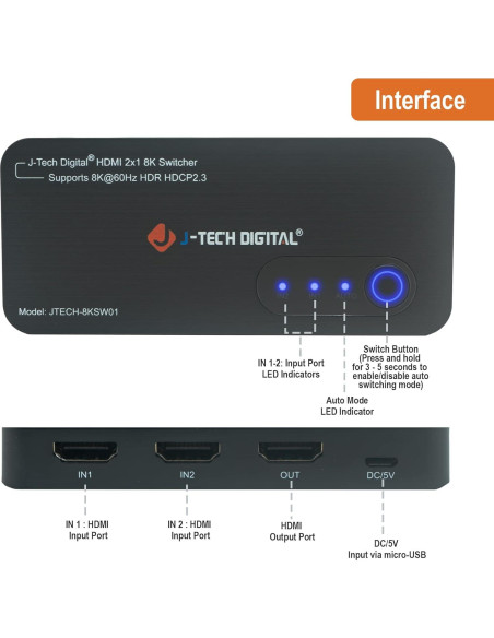 Interruptor HDMI 2.1 J-Tech Digital JTECH-8KSW01 8K 60Hz