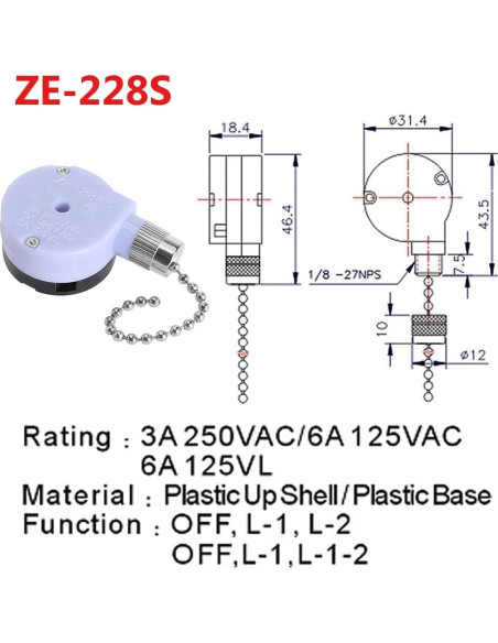 Interruptor de Ventilador de Techo Bsentster ZE-228s 2 Velocidades