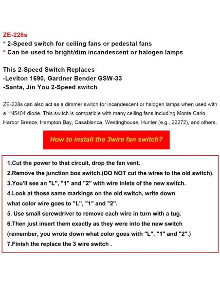 Interruptor de Ventilador de Techo Bsentster ZE-228s 2 Velocidades