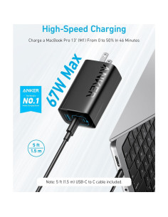 Cargador USB-C Anker 67W Plegable 3 Puertos para MacBook y iPhone 2