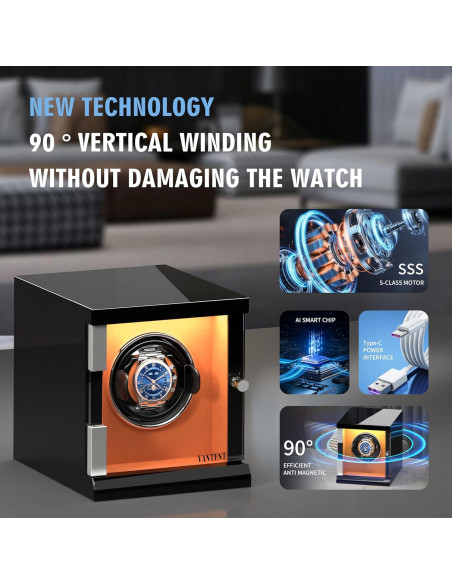 Enrollador de Reloj Automático VANTENT Negro con USB Tipo-C