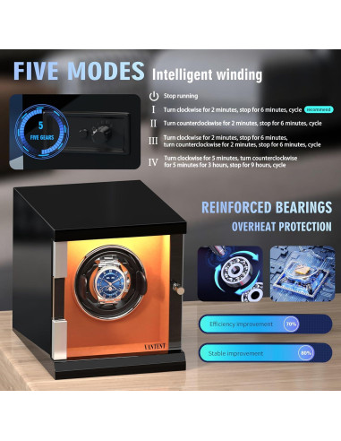 Enrollador de Reloj Automático VANTENT Negro con USB Tipo-C