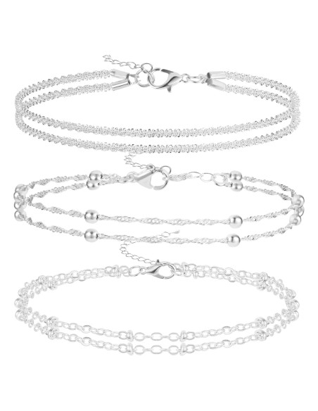 Juego de 3 Pulseras de Tobillo Plata Esterlina Ajustables