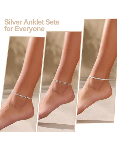 Juego de 3 Pulseras de Tobillo Plata Esterlina Ajustables