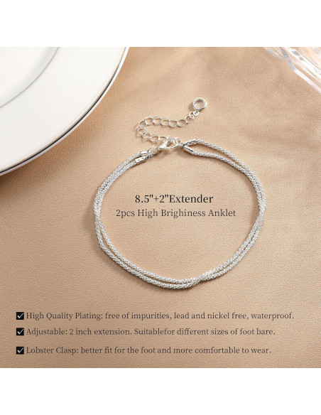 Juego de 3 Pulseras de Tobillo Plata Esterlina Ajustables