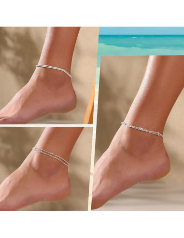Juego de 3 Pulseras de Tobillo Plata Esterlina Ajustables