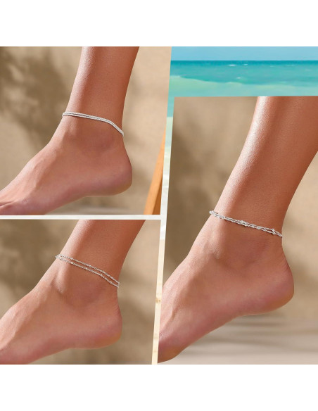 Juego de 3 Pulseras de Tobillo Plata Esterlina Ajustables