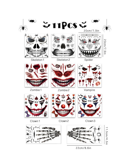 Tatuajes Faciales de Halloween ENYACOS - Payaso, Zombie, Heridas