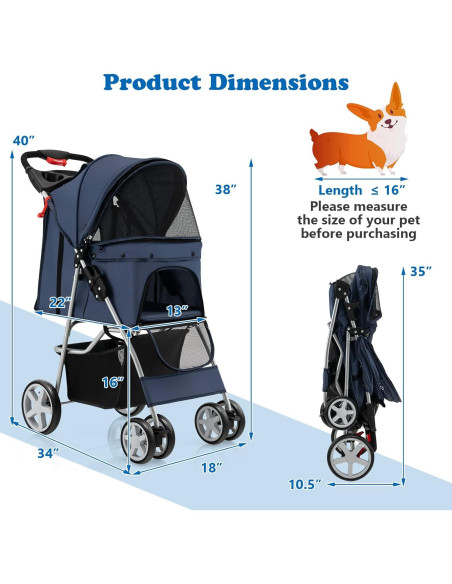 Carrito Plegable para Mascotas S AFSTAR Marino 4 Ruedas