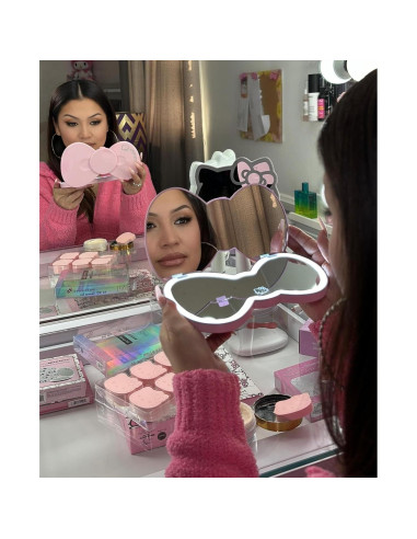 Espejo Compacto LED Hello Kitty Rosa Doble Cara con Lazo