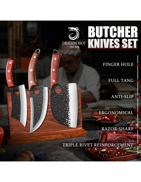 Conjunto de cuchillos de carnicero DRAGON RIOT 3 piezas acero al carbono