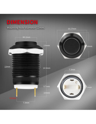 Interruptor de Botón Momentáneo Impermeable DaierTek 12mm