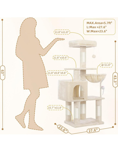Árbol para Gatos Heybly 110 cm Beige con Juguete y Rascador