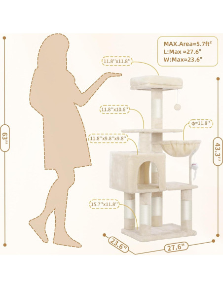 Árbol para Gatos Heybly 110 cm Beige con Juguete y Rascador
